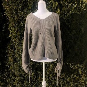 Moral Fiber Gray V-Neck Sweater with Tie Sleeves